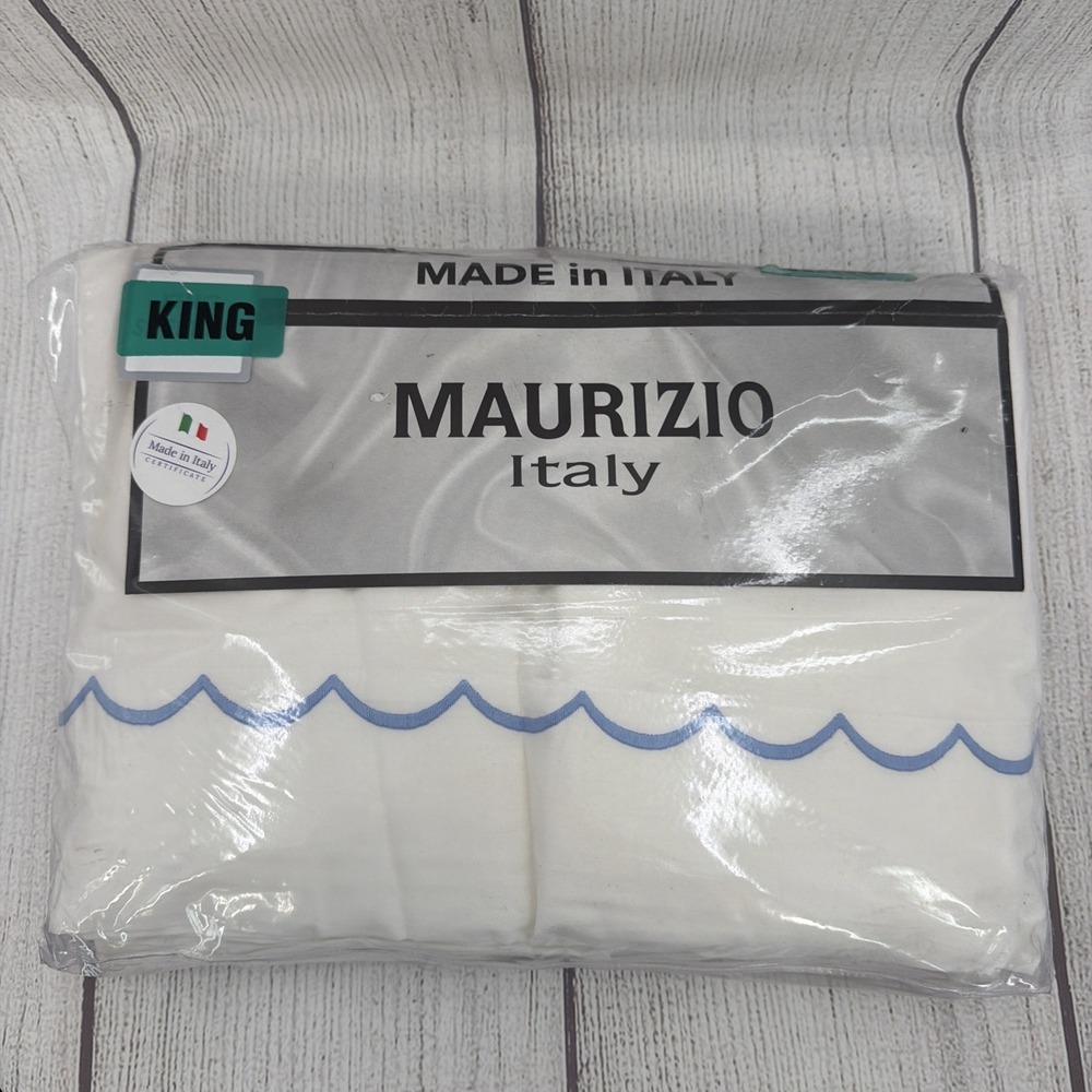 Maurizio Italy Sheet Set KING White Blue Embroidered Scallop 100% Cotton Percale
